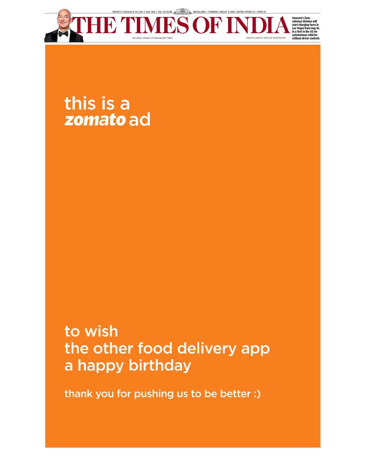 No Name Needed: Zomato Lets Orange Do The Talking In Its Birthday Wish For Swiggy