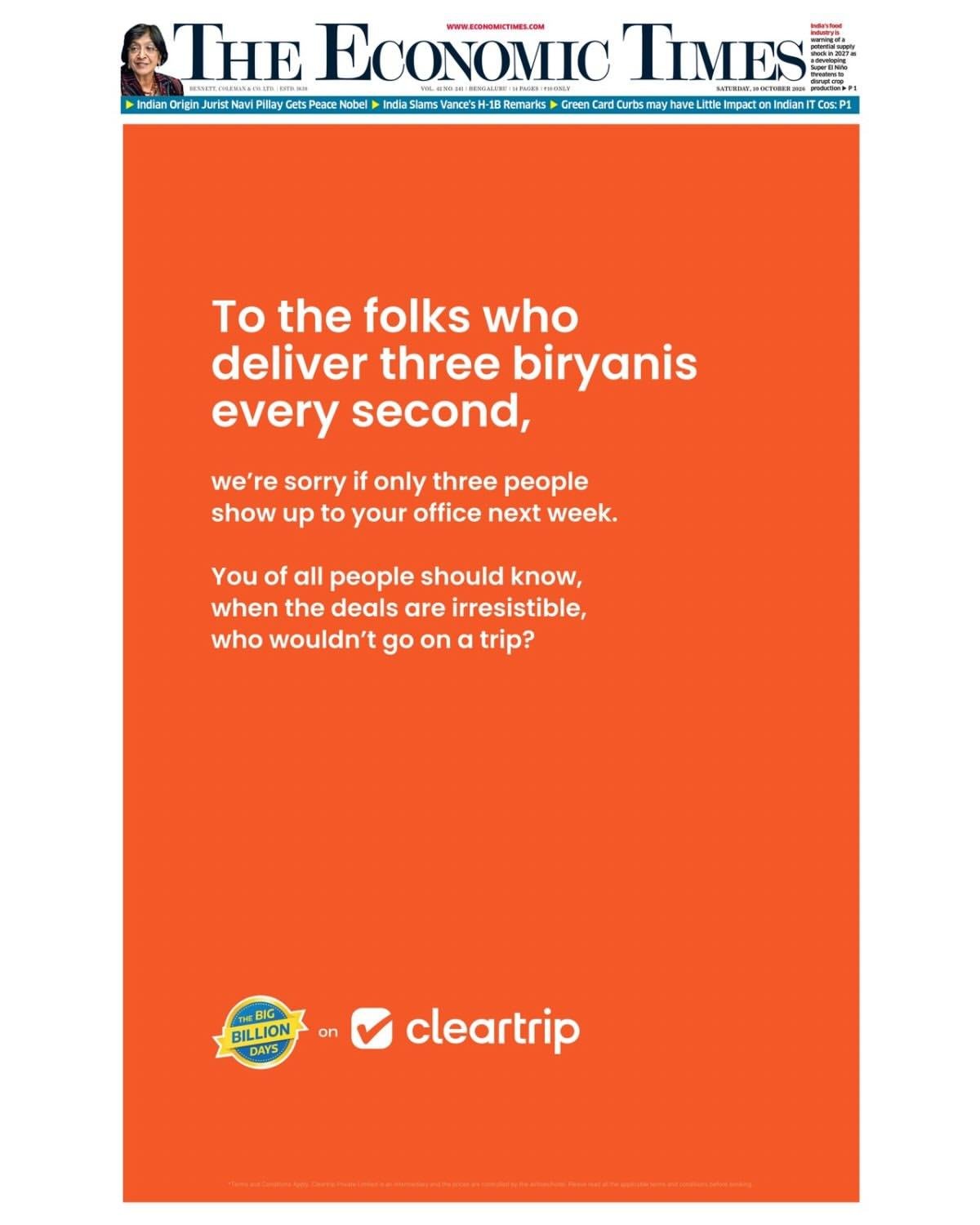 Cleartrip’s Big Billion Days Ads Take A Swipe At Zomato & Swiggy With The Promise Of Empty Offices