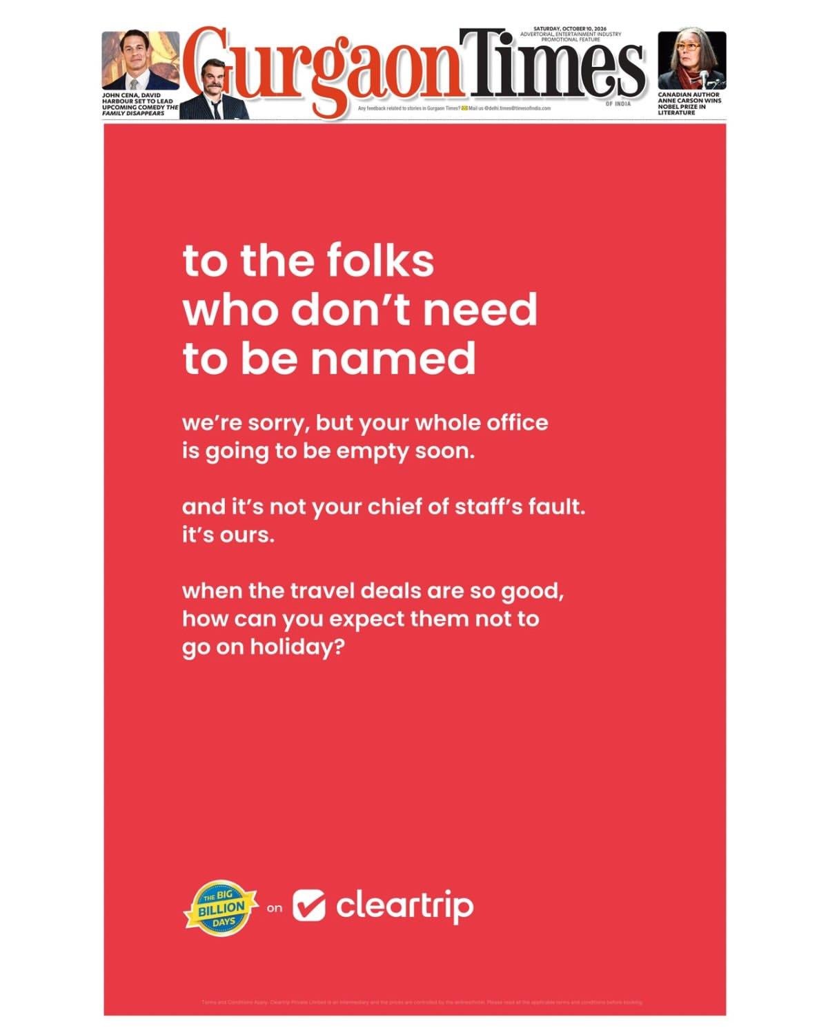Cleartrip’s Big Billion Days Ads Take A Swipe At Zomato & Swiggy With The Promise Of Empty Offices